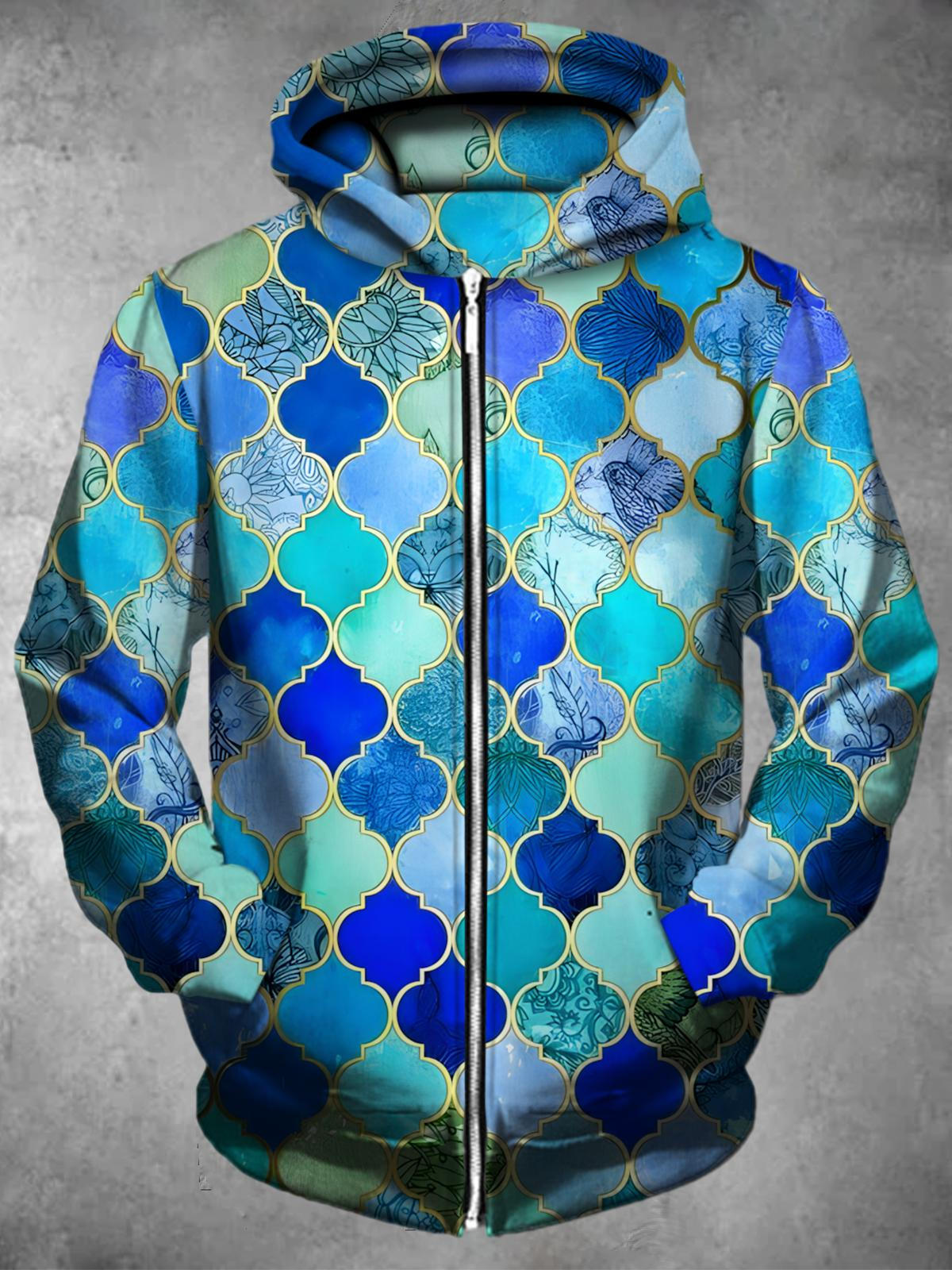 Retro Geometric Long Sleeve Pocket Men's Zip Up Hoodies