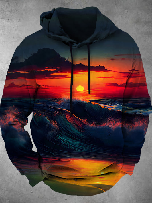 Sea Sunset Long Sleeve Hooded Pocket Men's Top