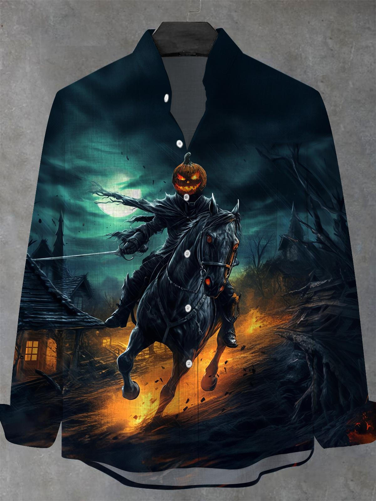 Halloween Headless Knight Men's Pocket Long Sleeve Stand Collar Shirts