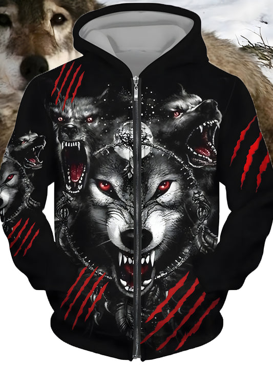 Animal Wolf Long Sleeve Pocket Men's Zip Up Hoodies