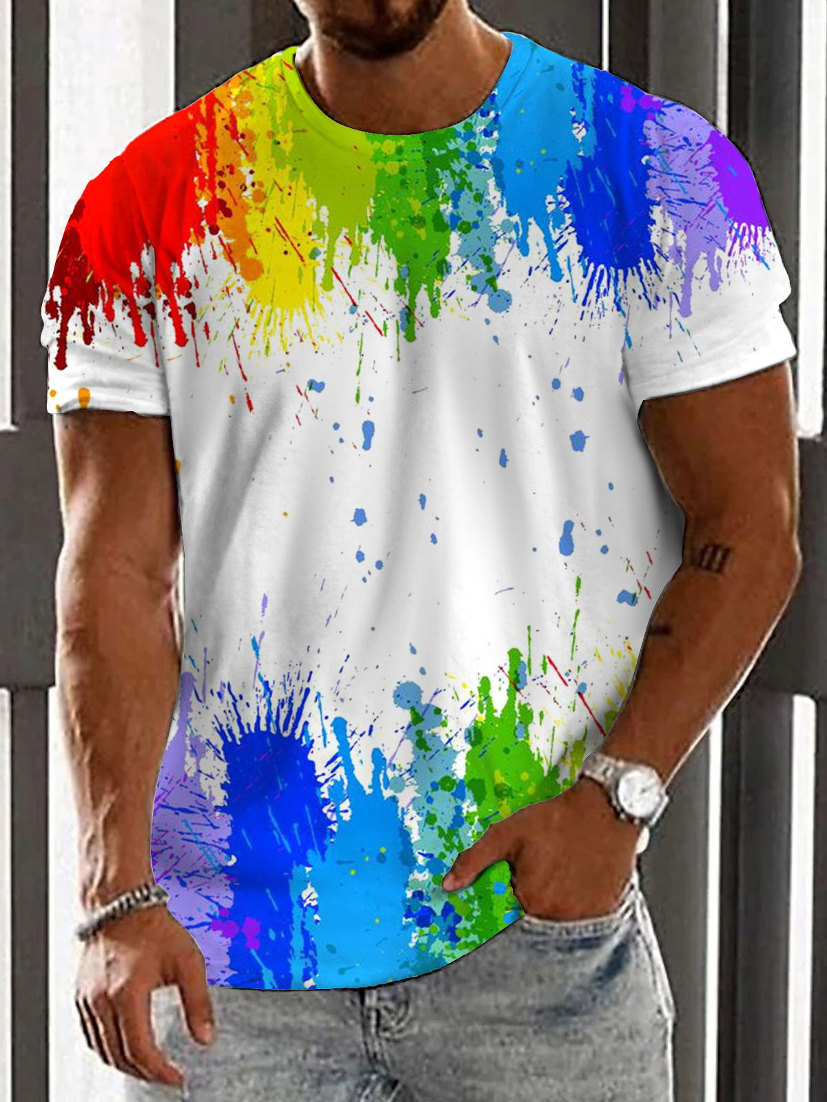 Rainbow Gradient Print Round Neck Short Sleeve Men's T-shirt