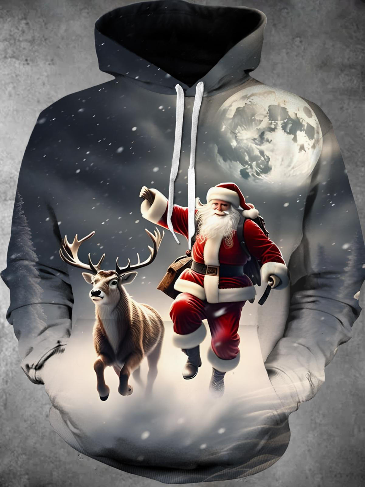 Santa Elk Long Sleeve Hooded Pocket Men's Top