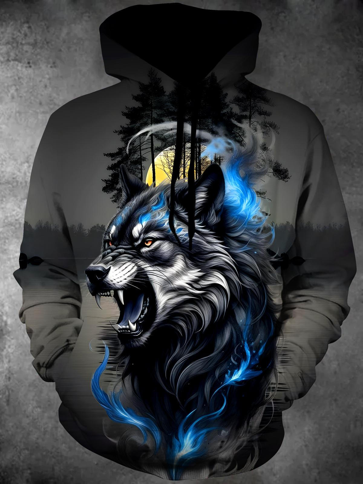 Wolf Moon Long Sleeve Hooded Pocket Men's Top