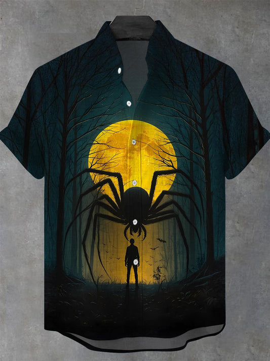 Spider Moon.Men's Pocket Short Sleeve Stand Collar Shirts