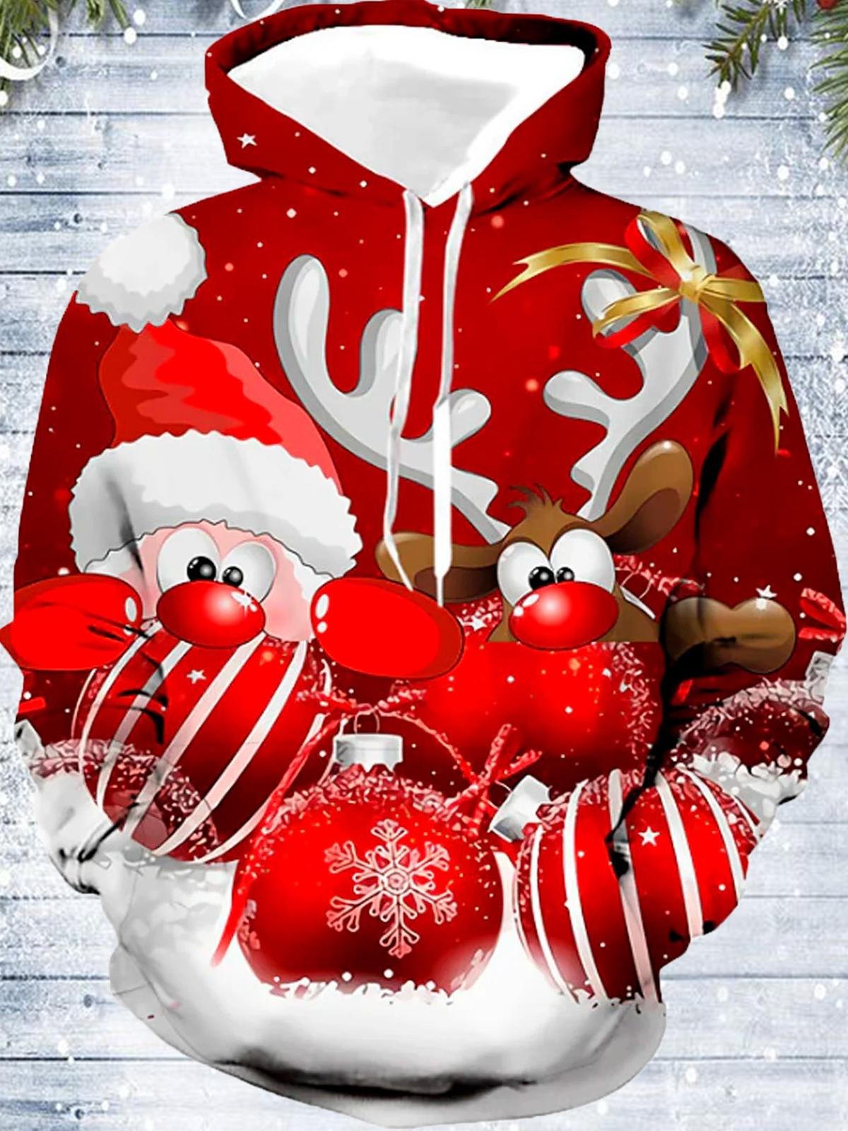 Christmas Print Long Sleeve Hooded Pocket Men's Top