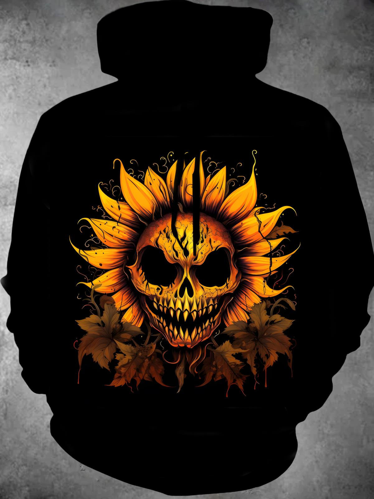 Skull Sunflower Long Sleeve Hooded Pocket Men's Top