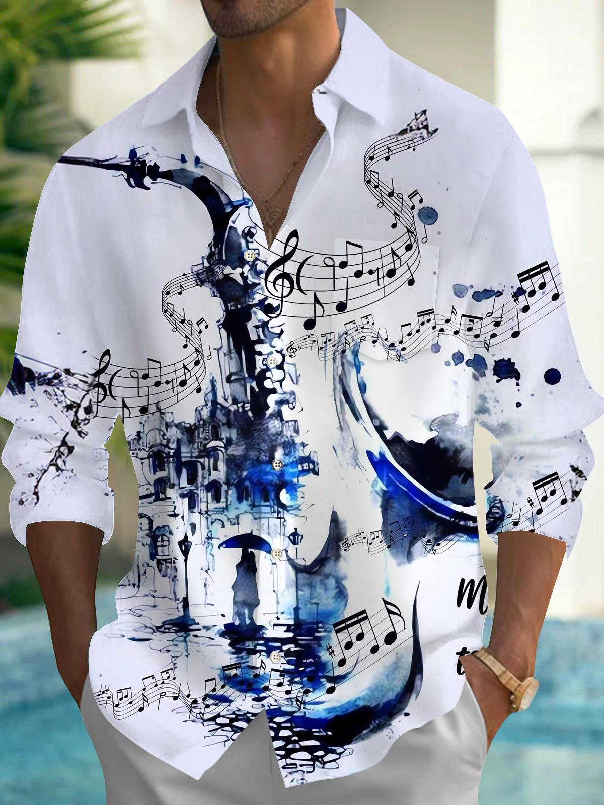 Music Note Art Men's Pocket Long Sleeve Shirts