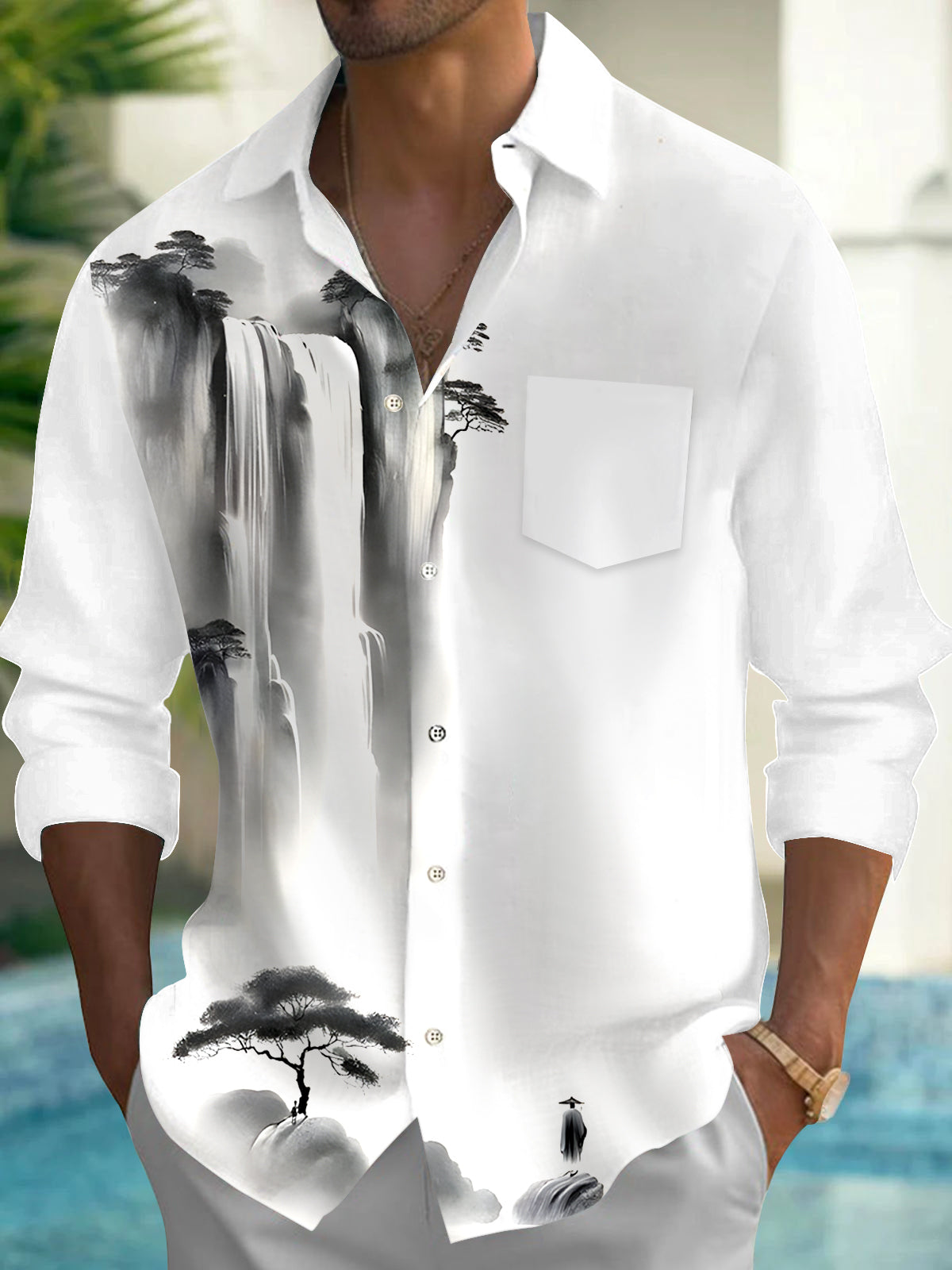 Waterfall Ink Painting Men's Pocket Long Sleeve Shirts