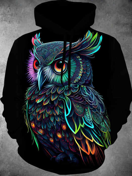 Owl Long Sleeve Hooded Pocket Men's Top