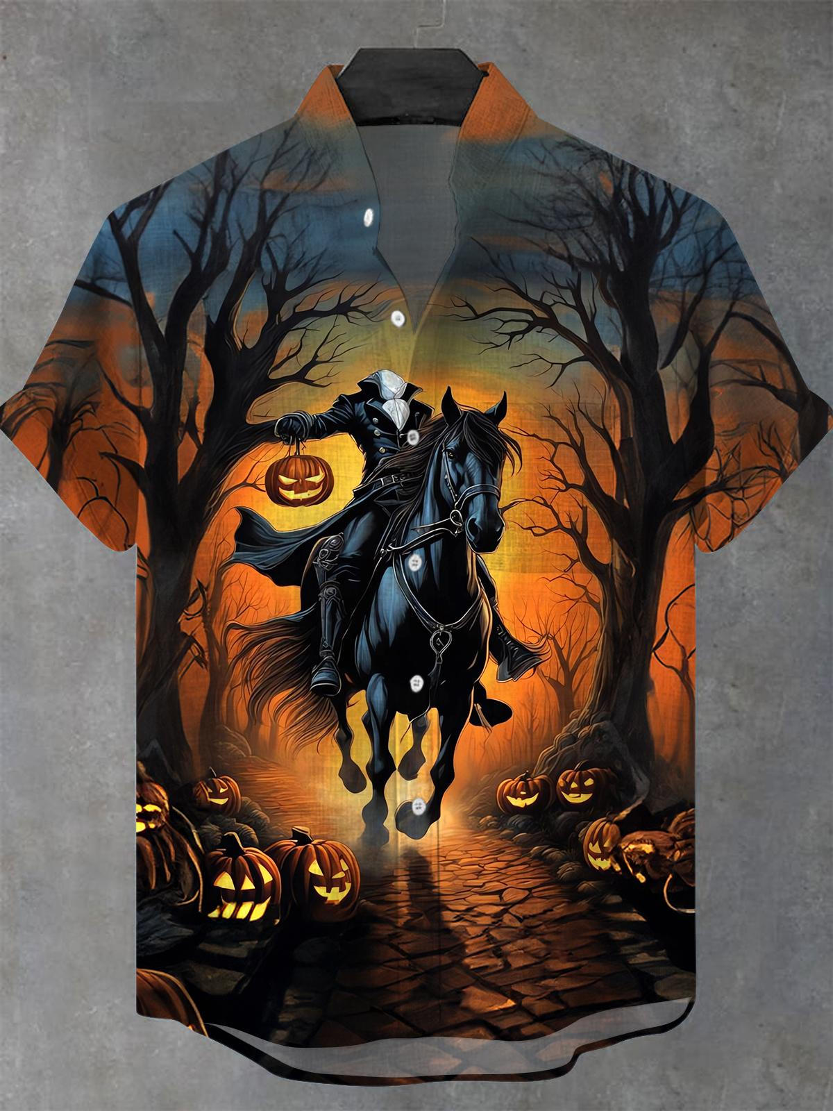 Halloween Headless Horseman Pumpkin Men's Pocket Short Sleeve Stand Collar Shirts