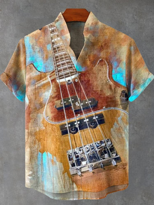 Guitar Art Print Men's Pocket Short Sleeve Stand Collar Shirts