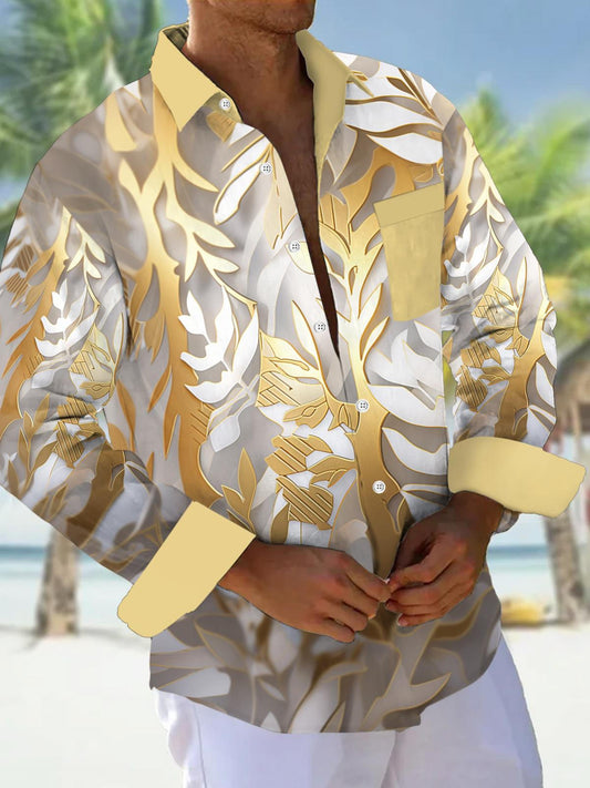 Retro Three-Dimensional Gold Leaf Print Lapel Men's Shirt