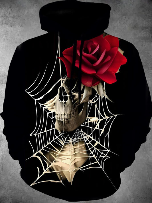 Skull Spider Web Rose Long Sleeve Hooded Pocket Men's Top