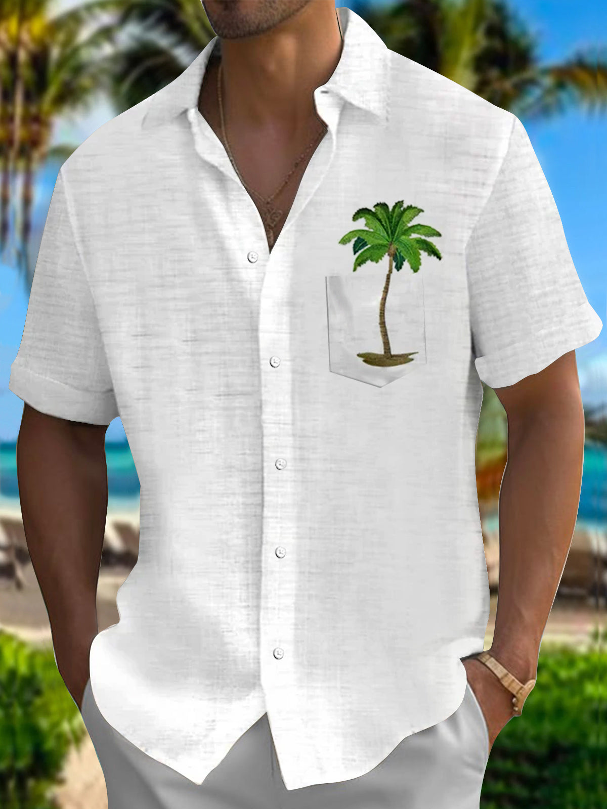 Coconut Tree Short Sleeve Men's Shirts With Pocket