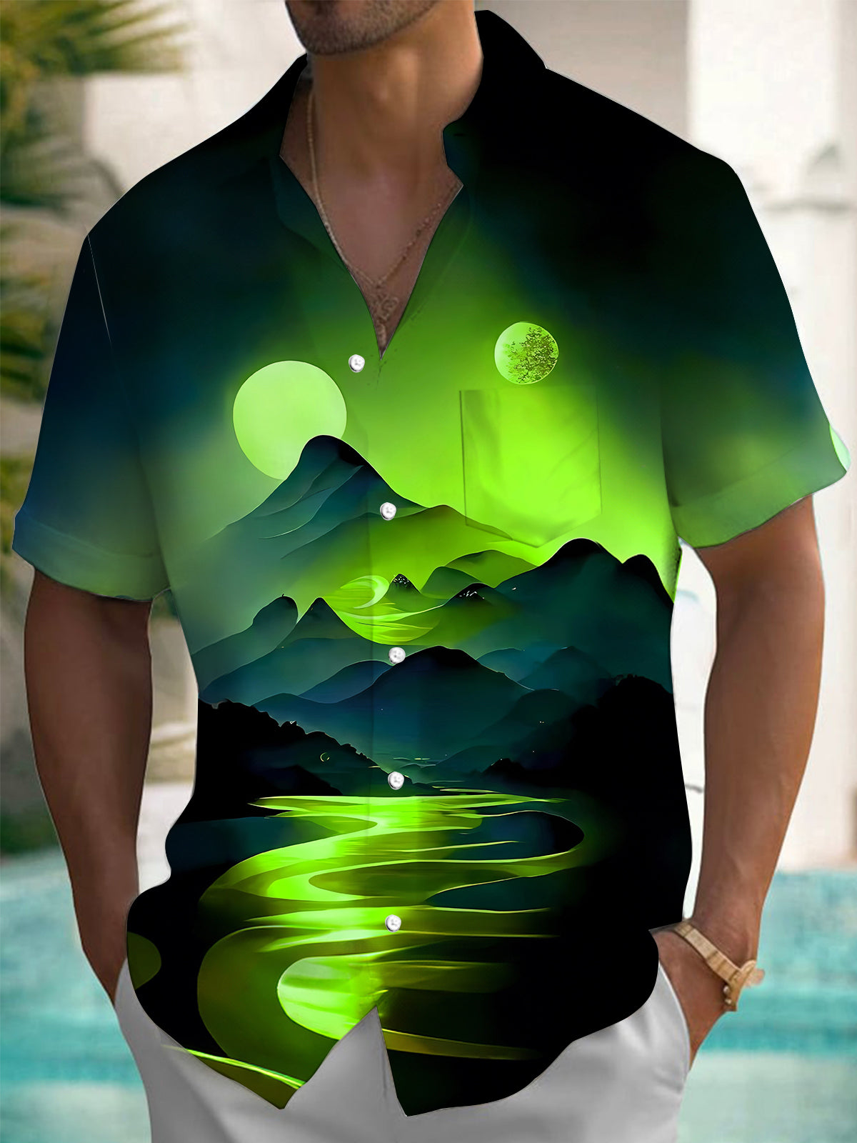 Mountain Scenery Moon Print Men's Pocket Short Sleeve Shirts