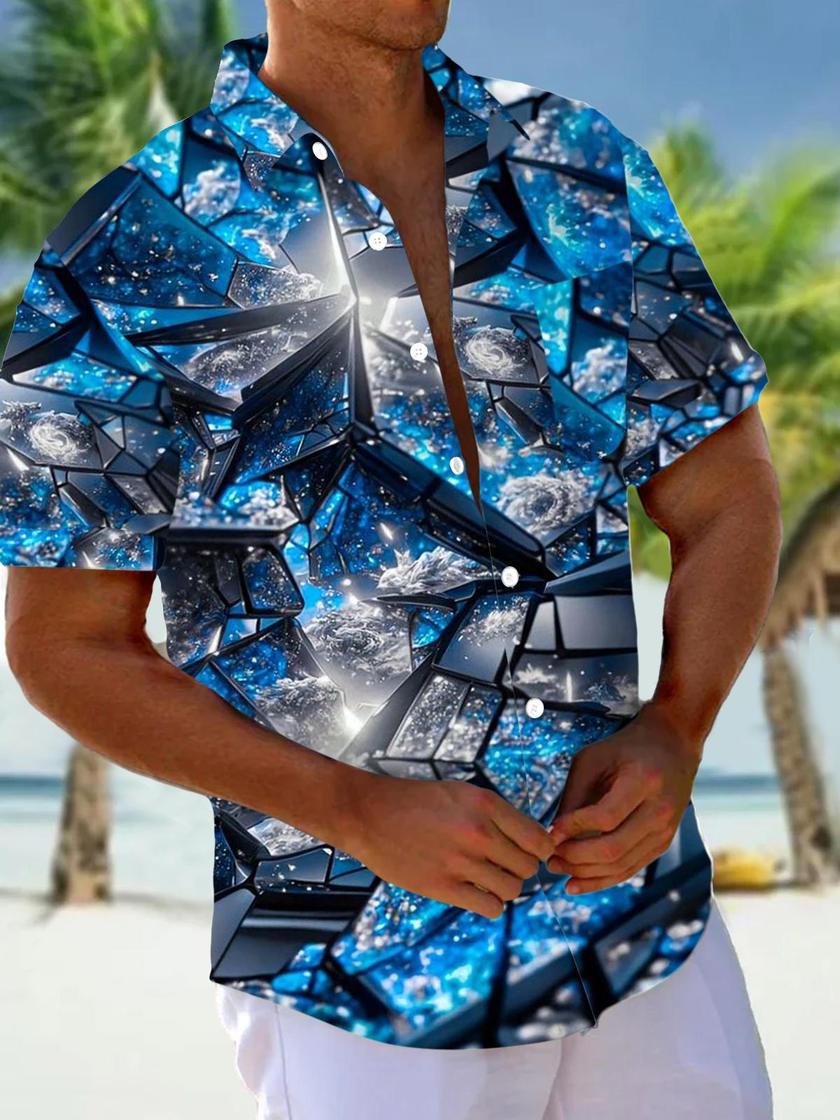 Abstract Geometric Print Short Sleeve Men's Shirts With Pocket