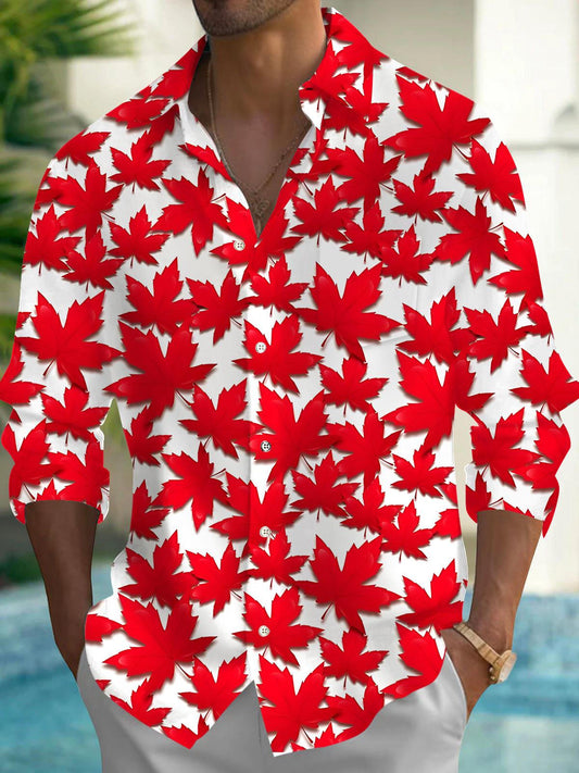 Red Maple Leaf Men's Pocket Long Sleeve Shirts