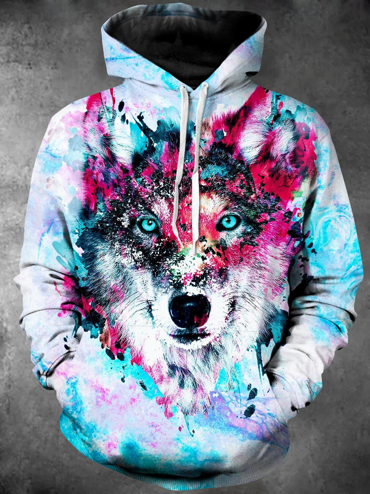 Wolf Long Sleeve Hooded Pocket Men's Top