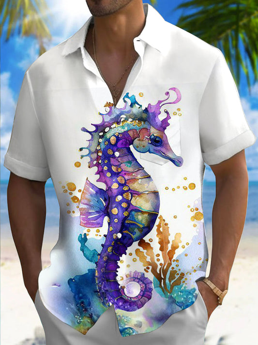 Marine Life Seahorse Print Men's Pocket Short Sleeve Shirts