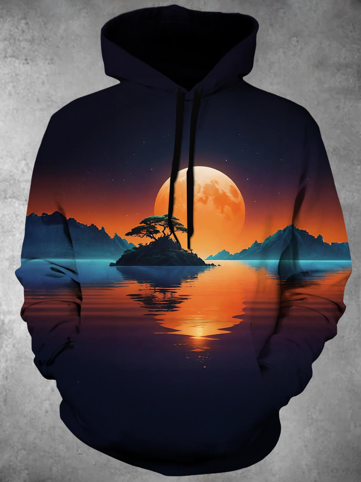 Moon Scenery Long Sleeve Hooded Pocket Men's Top