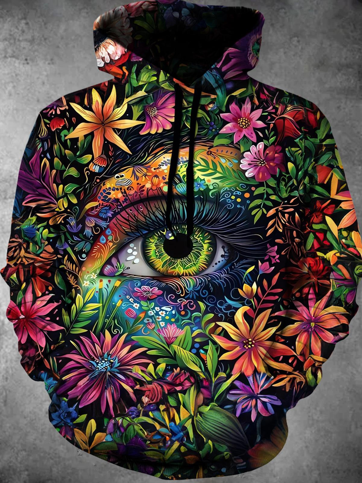 Flower Eyes Long Sleeve Hooded Pocket Men's Top