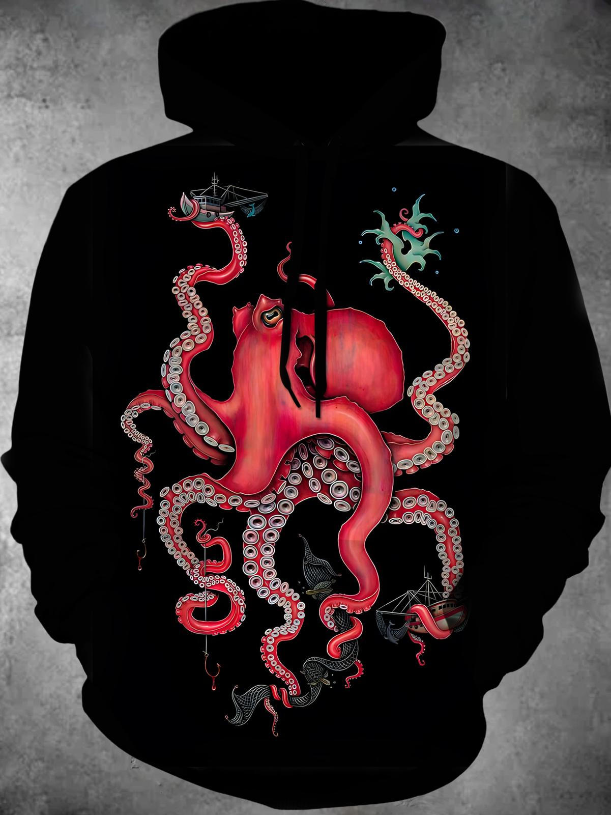 Octopus Long Sleeve Hooded Pocket Men's Top