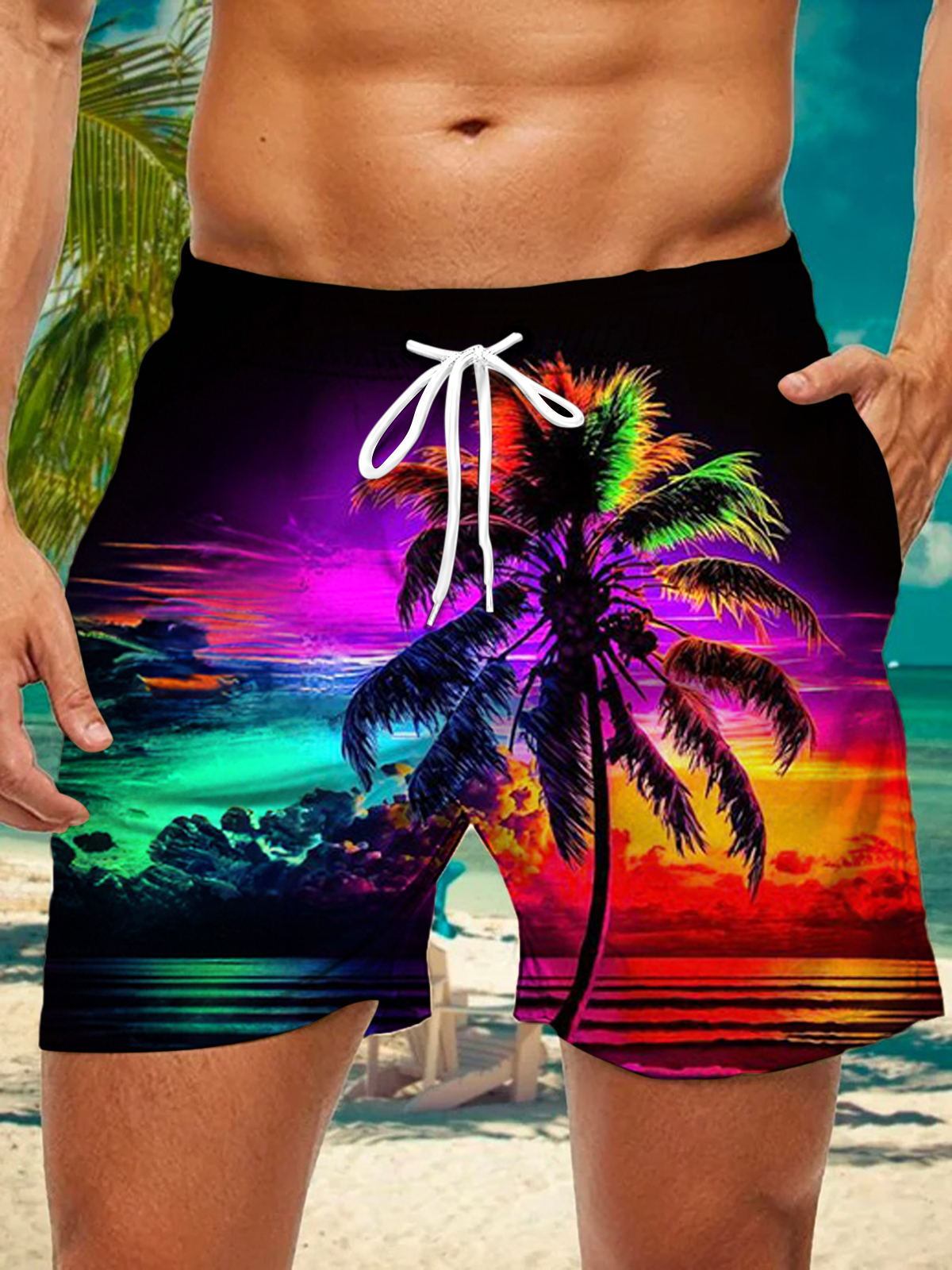 Hawaiian Palm Tree Print Men's Print Pocket Shorts