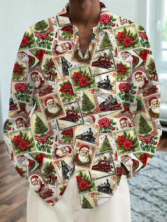 Santa Claus Christmas Tree Men's Pocket Long Sleeve Shirts