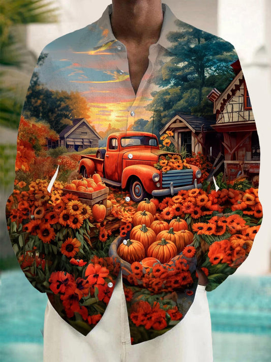 Thanksgiving Pumpkin Car Men's Pocket Long Sleeve Shirts