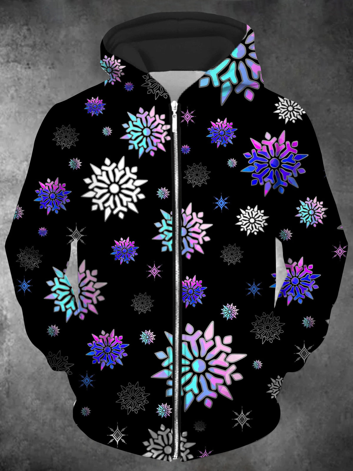 Snowflake Long Sleeve Hooded Zip Pocket Men's Sweatshirt