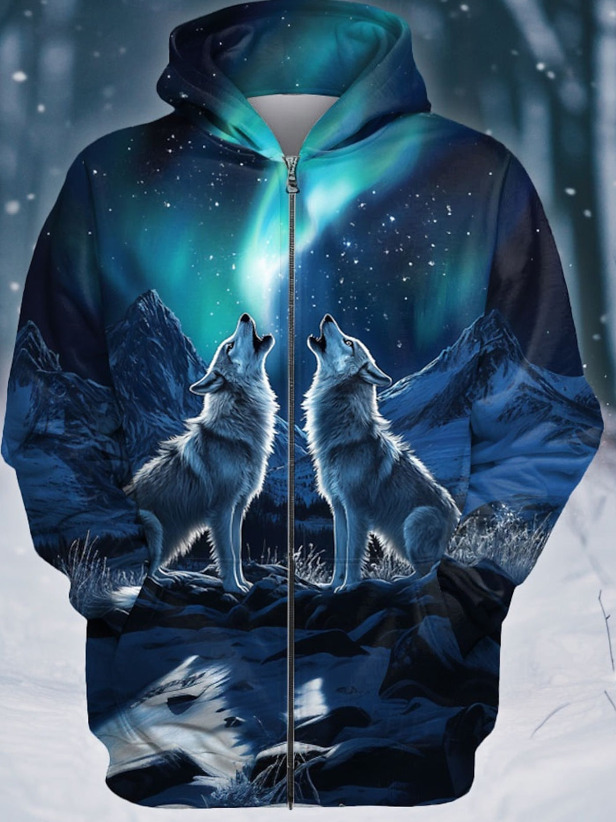 Animal Wolf Long Sleeve Pocket Men's Zip Up Hoodies