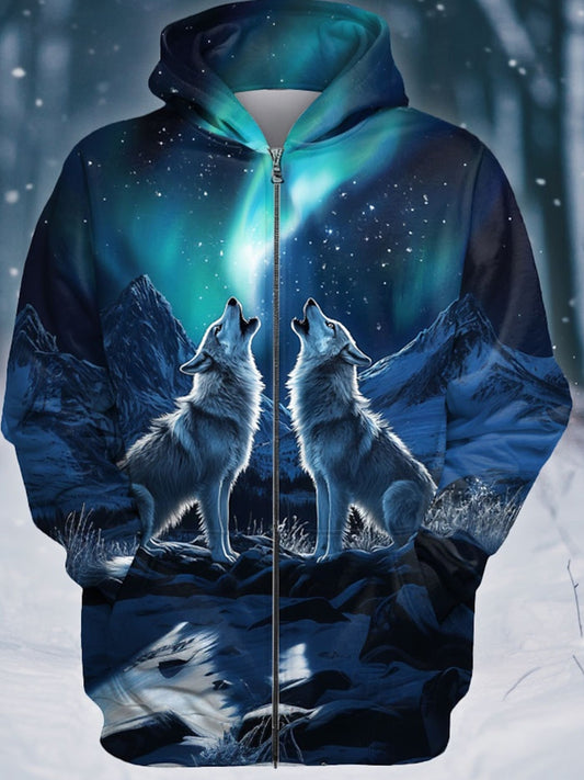 Animal Wolf Long Sleeve Pocket Men's Zip Up Hoodies