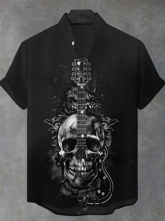 Skull Guitar Men's Pocket Short Sleeve Stand Collar Shirts