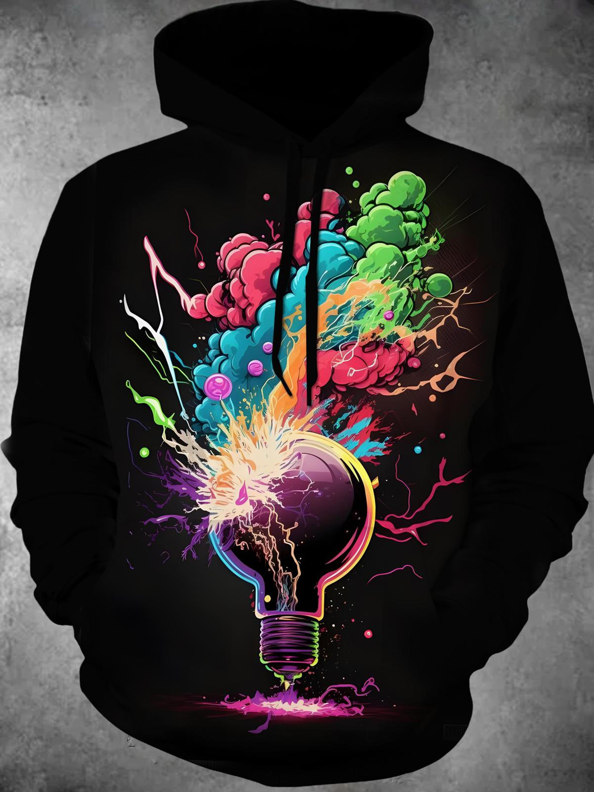 Light Bulb Print Long Sleeve Hooded Pocket Men's Top