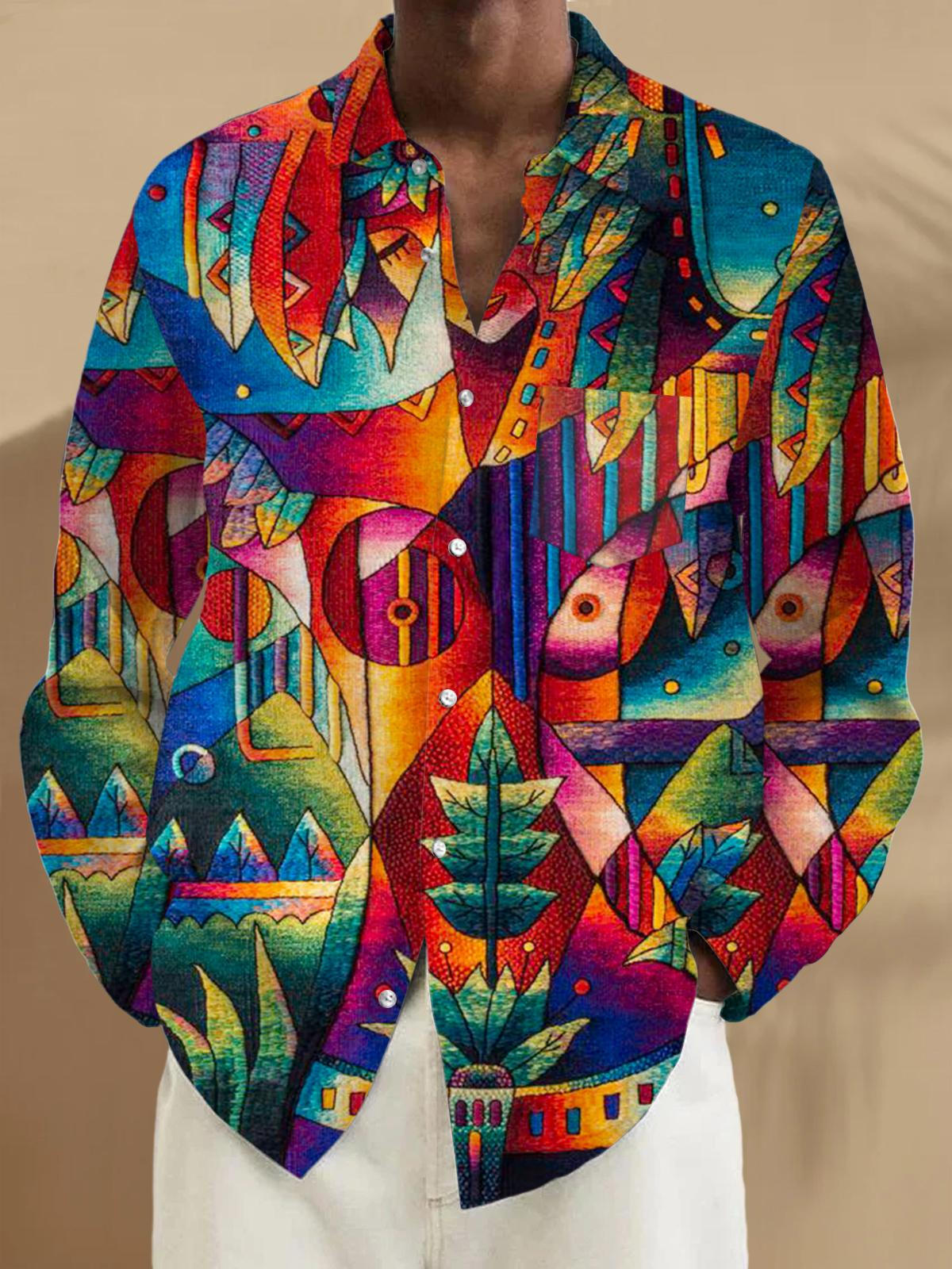 Abstract Print Long Sleeve Men's Shirts With Pocket