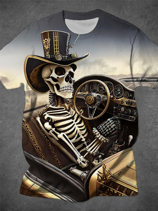 Dark Skull Car Print Round Neck Men's Short-Sleeved T-Shirt