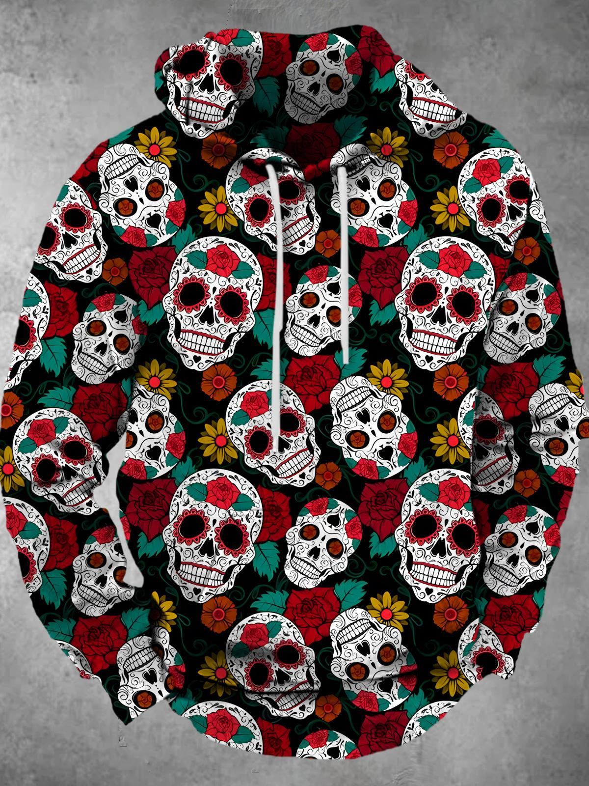 Skull Floral Long Sleeve Hooded Pocket Men's Top