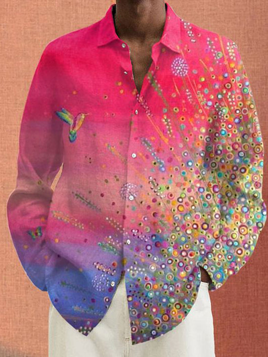 Retro Floral Oil Painting Print Men's Long Sleeve Lapel Shirt