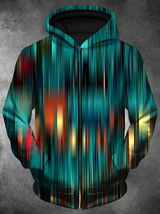 Abstract Long Sleeve Hooded Zip Pocket Men's Sweatshirt