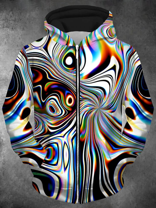 Abstract Long Sleeve Hooded Zip Pocket Men's Sweatshirt