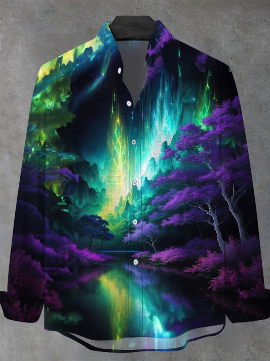 Plant Tree Landscape Men's Pocket Long Sleeve Stand Collar Shirts