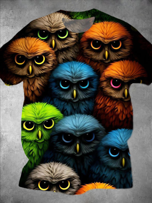 Owl Print Round Neck Short Sleeve Men's T-shirt