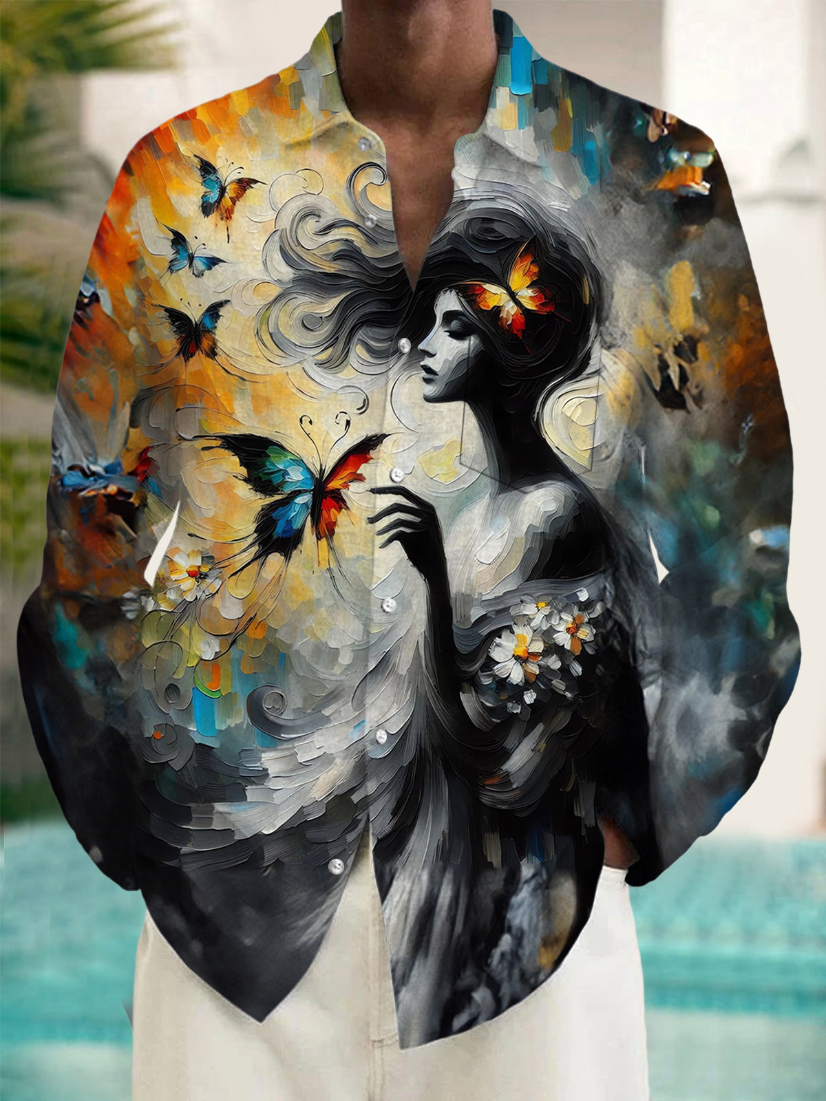 Oil Painting Art Print Men's Pocket Long Sleeve Shirts