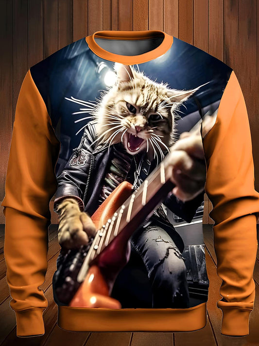 Cat Rock Guitar Round Neck Long Sleeve Men's Top