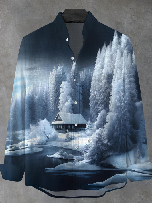 Winter Snow Scene House Men's Pocket Long Sleeve Stand Collar Shirts