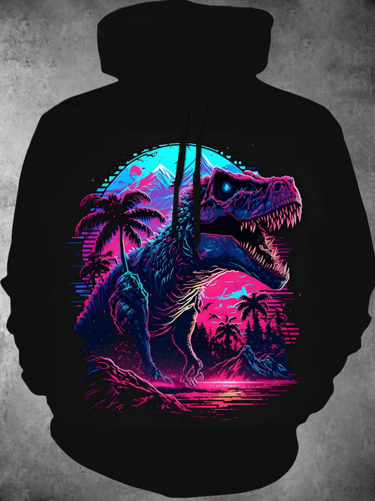 Dinosaur Coconut Tree Long Sleeve Hooded Pocket Men's Top