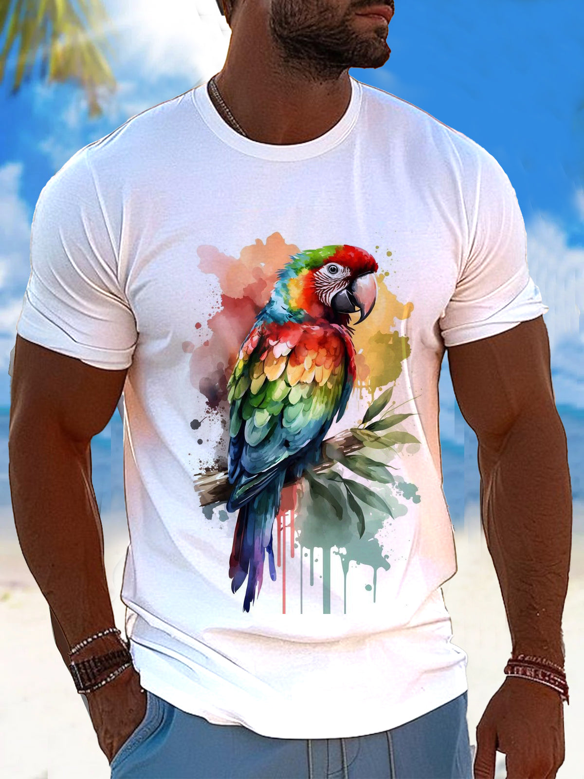 Parrot Print Round Neck Short Sleeve Men's T-shirt