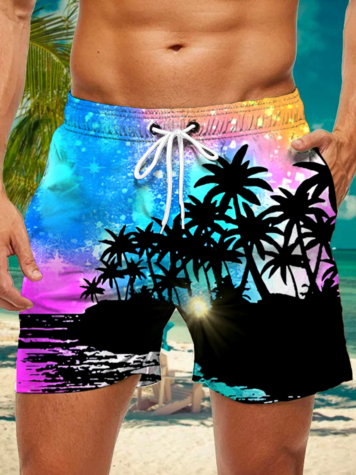 Hawaiian Coconut Tree Gradient Print Men's Shorts With Pocket