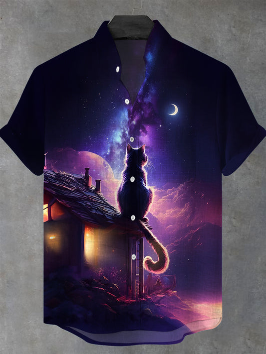 Night Sky Cat Men's Pocket Short Sleeve Stand Collar Shirts