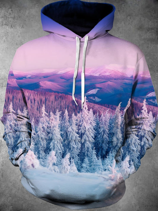 Winter Snow Tree Landscape Long Sleeve Hooded Pocket Men's Top